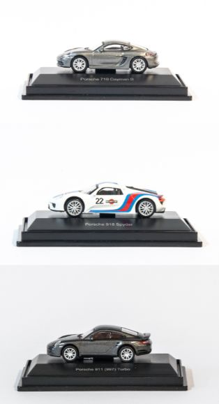 Schuco 1:87 H0 Porsche 3er Set Cayman , 911 Turbo, 918 Martini